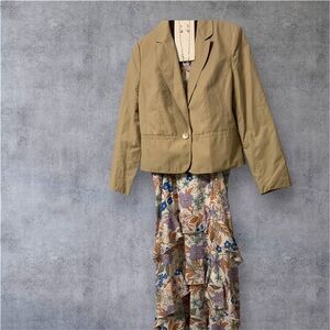 Peach Love California Floral Dress with Tan and Blue Accents tiered ruffles